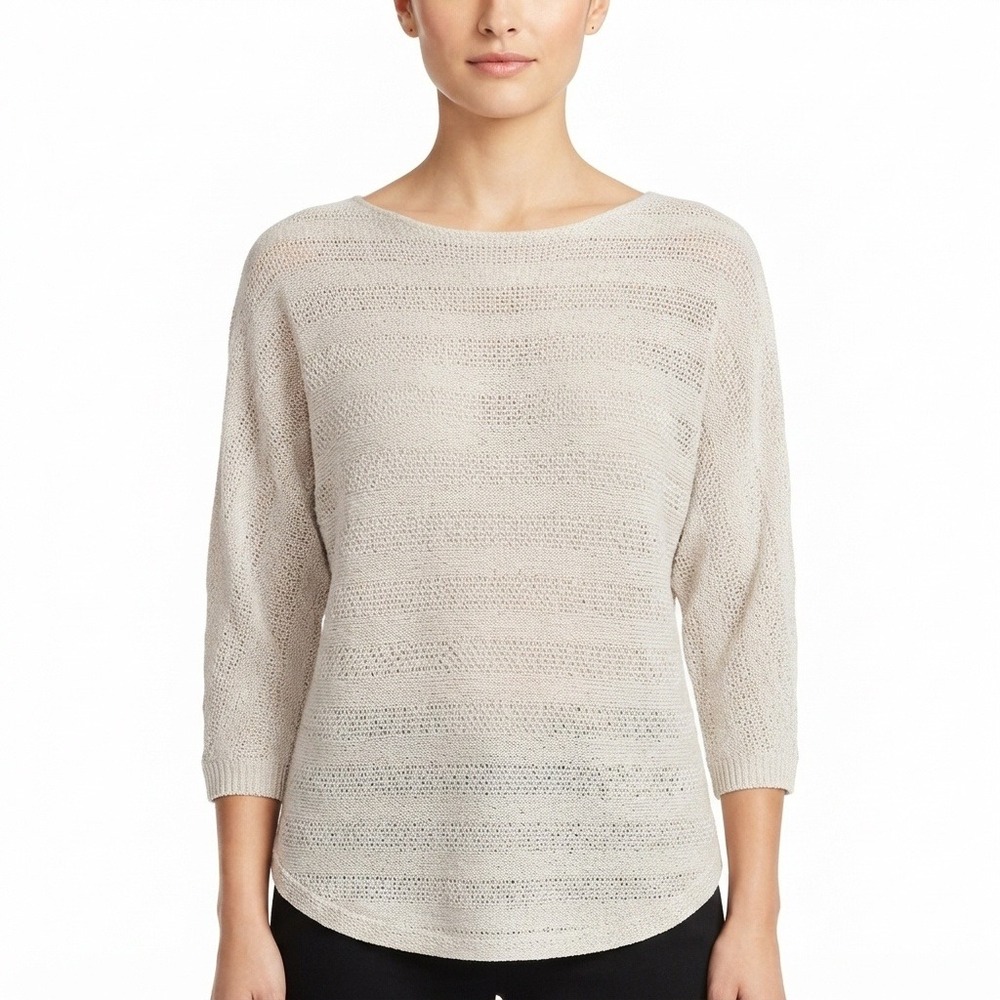 Tahari 100% Linen Sweater Womens XS Beige Boat Neck 3/4‎ Sleeve Knit Top Oatmeal